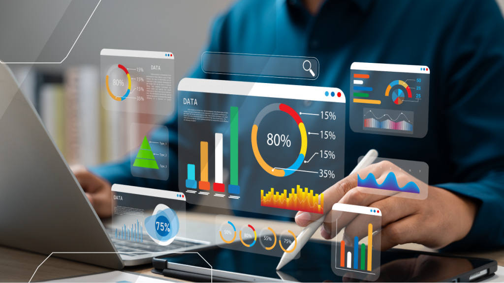 floating analytics dashboard in front of person at desk