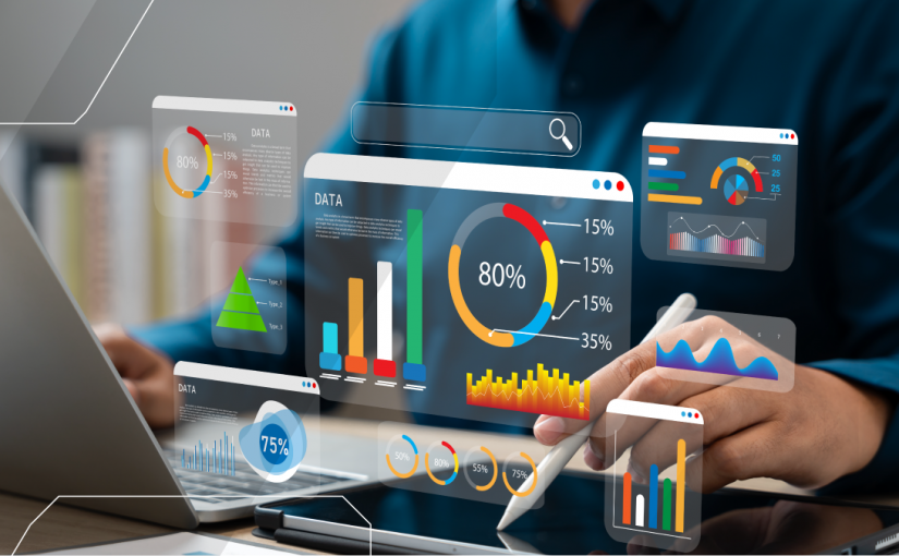 floating analytics dashboard in front of person at desk