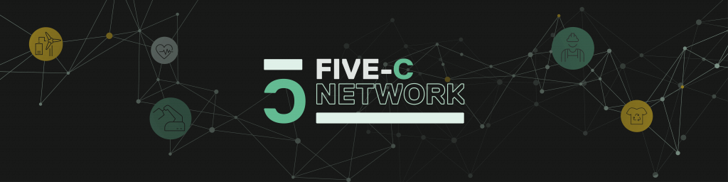 Five C Network Logo with a black background and an illustration of an abstract network