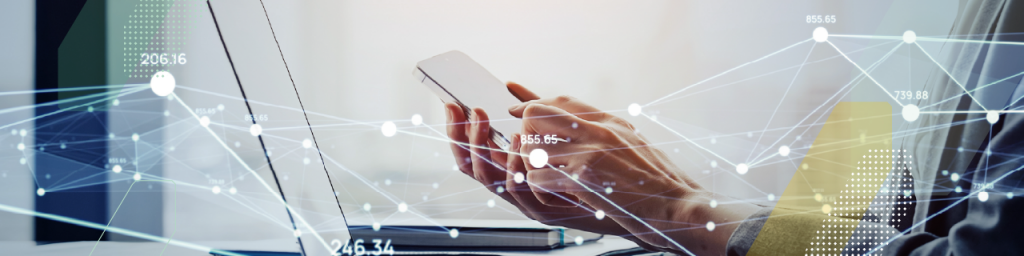 Person holding phone with overlay of network