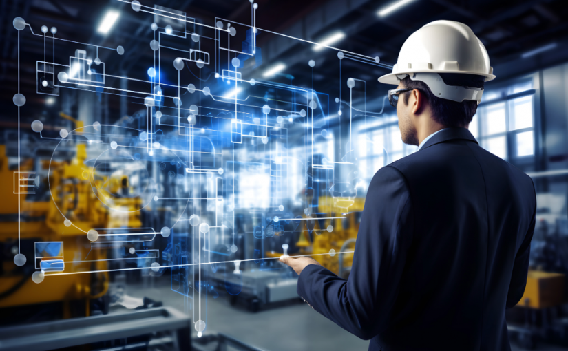 AI generated image of a man considering cyber security safeness of his manufacturing plant.